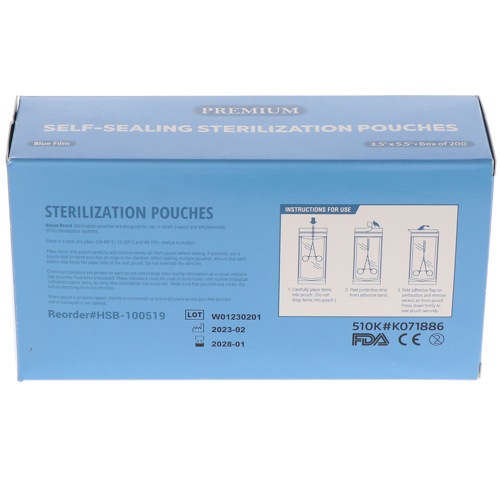 House Brand Dentistry 100519 Self-Sealing Sterilization Paper/Blue Film Pouches 3.50 House Brand Dentistry 100519 Self-Sealing Sterilization Paper/Blue Film Pouches 3.50